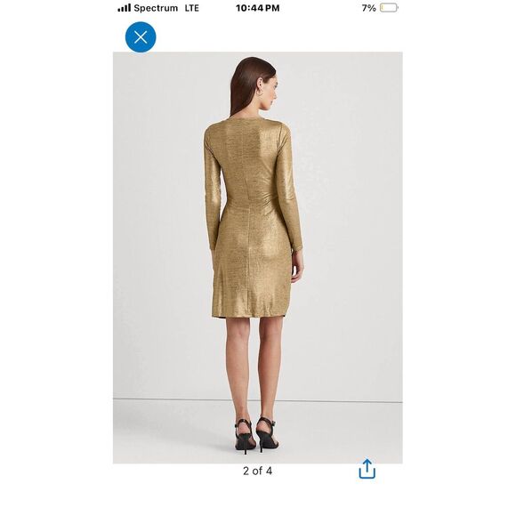 Lauren Ralph Lauren Gold Long Sleeve Ruched Sheath Dress Size 16 - Picture 9 of 14